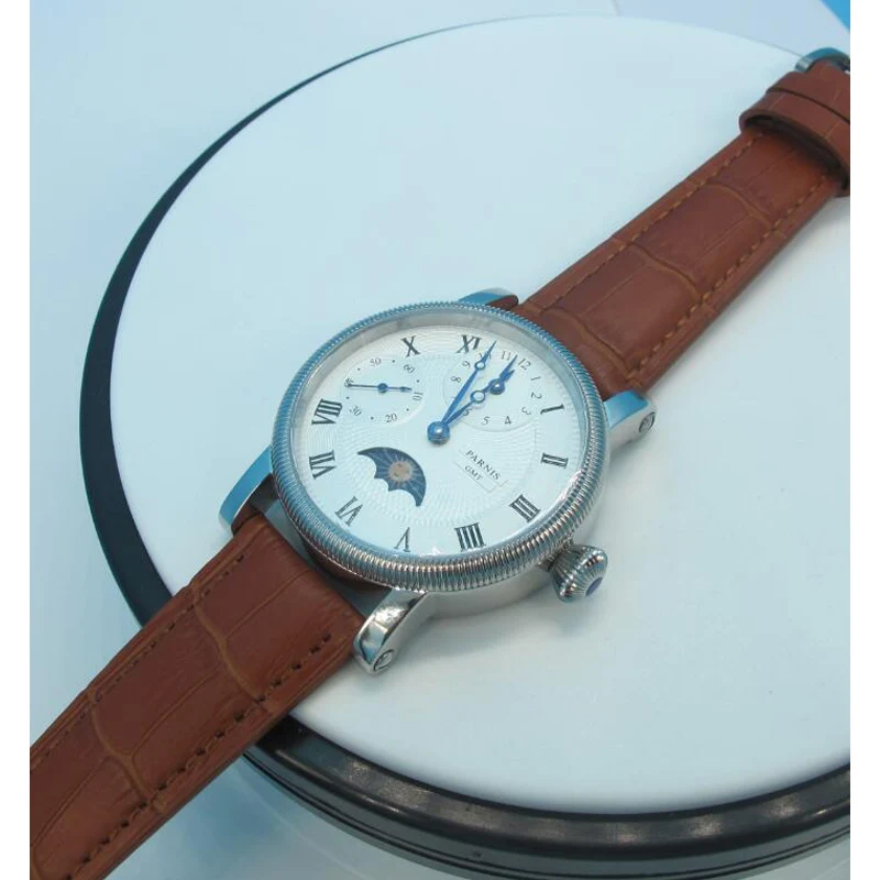 Мужские наручные часы Parnis PVD чехол синие руки белый циферблат черный кожаный