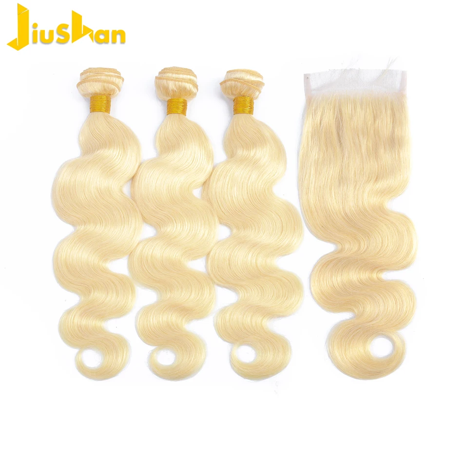 

Jiushan 613 Blonde Bundles With Closure Brazilian Body Wave Bundles With Closure Non Remy Human Hair Extenstions 12-28 inch