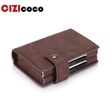 Caixa dupla rfid titular do cartão de crédito caso de alumínio cartões de identificação de negócios carteira titular do cartão de moda metal couro visita bolso