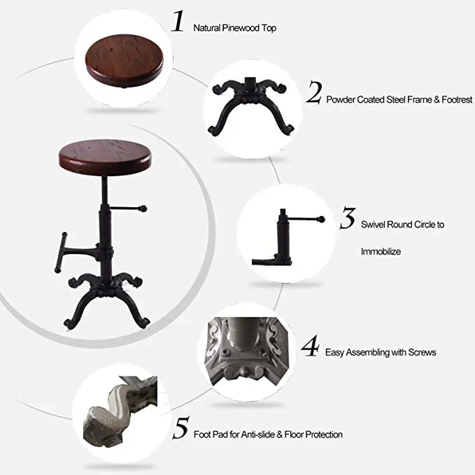 Metal Industrial Furniture Bar Stool Height Adjustable Swivel Pinewood Top Dining Chair Pipe Style Barstool Bar Stools Metal Industrial Furniture Bar Stool Height Adjustable Swivel Pinewood Top Dining Chair Pipe Style Barstool Bar Stools