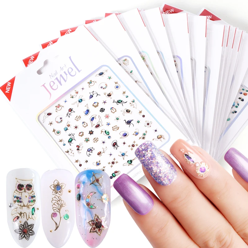 

1 Sheet 3D Gradient Nail Adhesive Stickers Owl Geometric Flower Jewelry Design Decals Nails Art Decoration Manicure TRDP401-412
