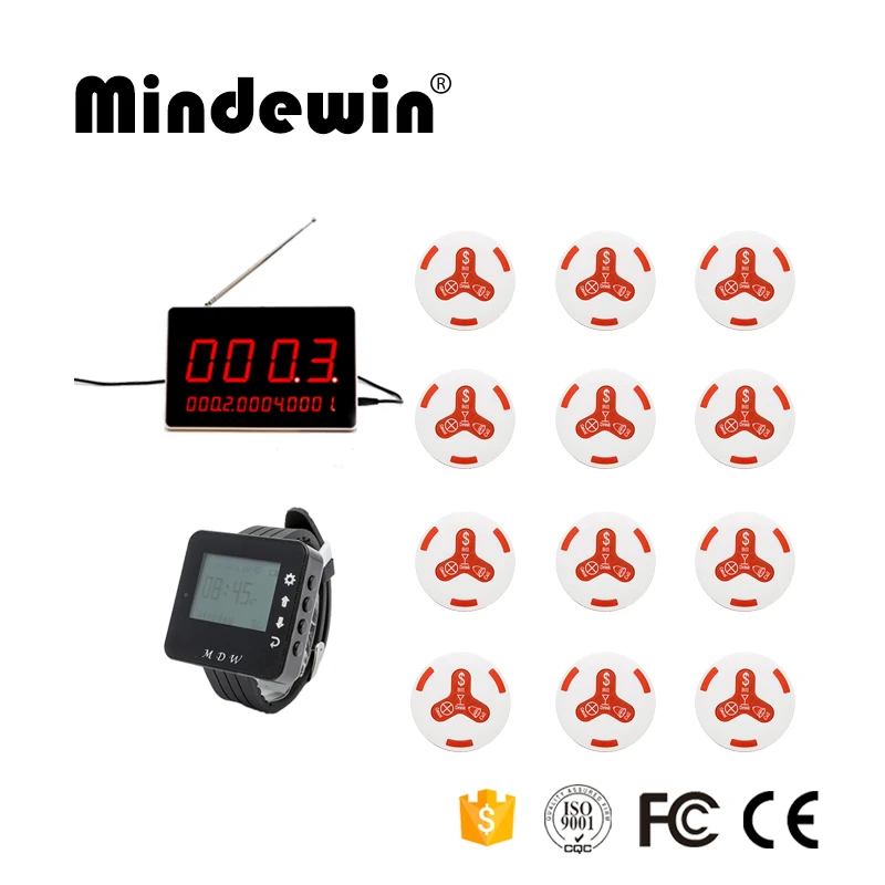 

Mindewin Wireless Emergency Paging System 12 Waiter Call Buttons +1 LED Display Receiver +1 Wrist Watch Pager Restaurant Pager
