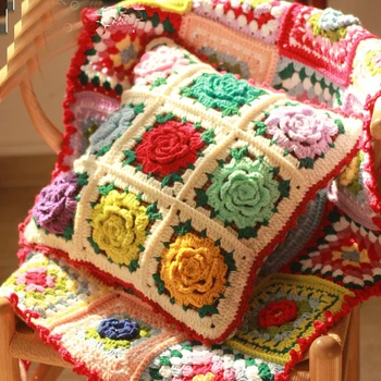 

Handmade Crochet Sofa Car Back Cushion Housewarming gift hand hook flower retro stereo flower retro red edge pillow 30*30CM