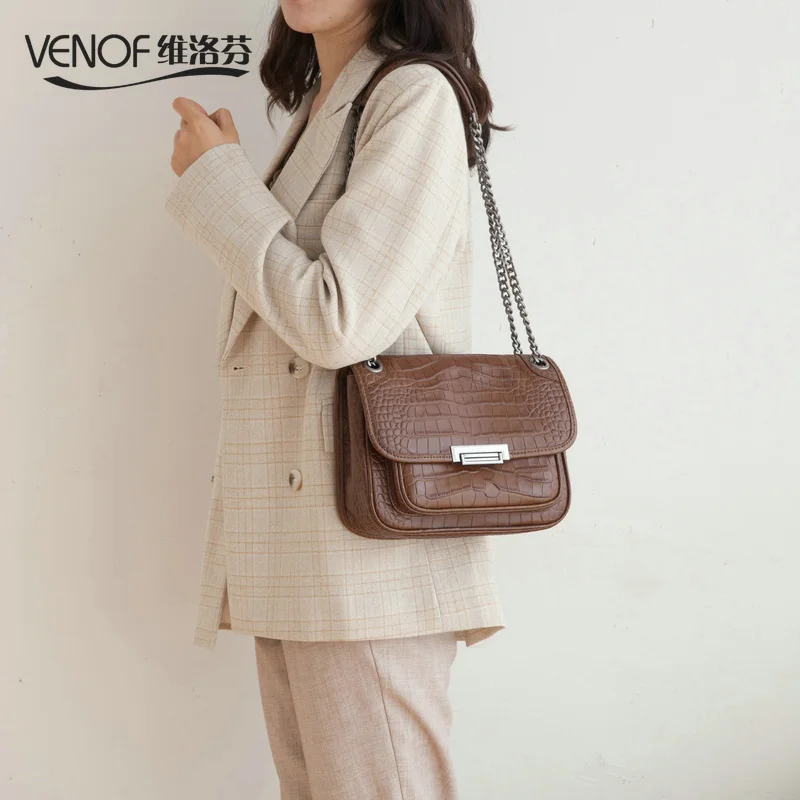 

2019 Fashion women genuine leather crossbody Bags crocodile grain female retro shoulder bags Luxury brand Designer Women Bags