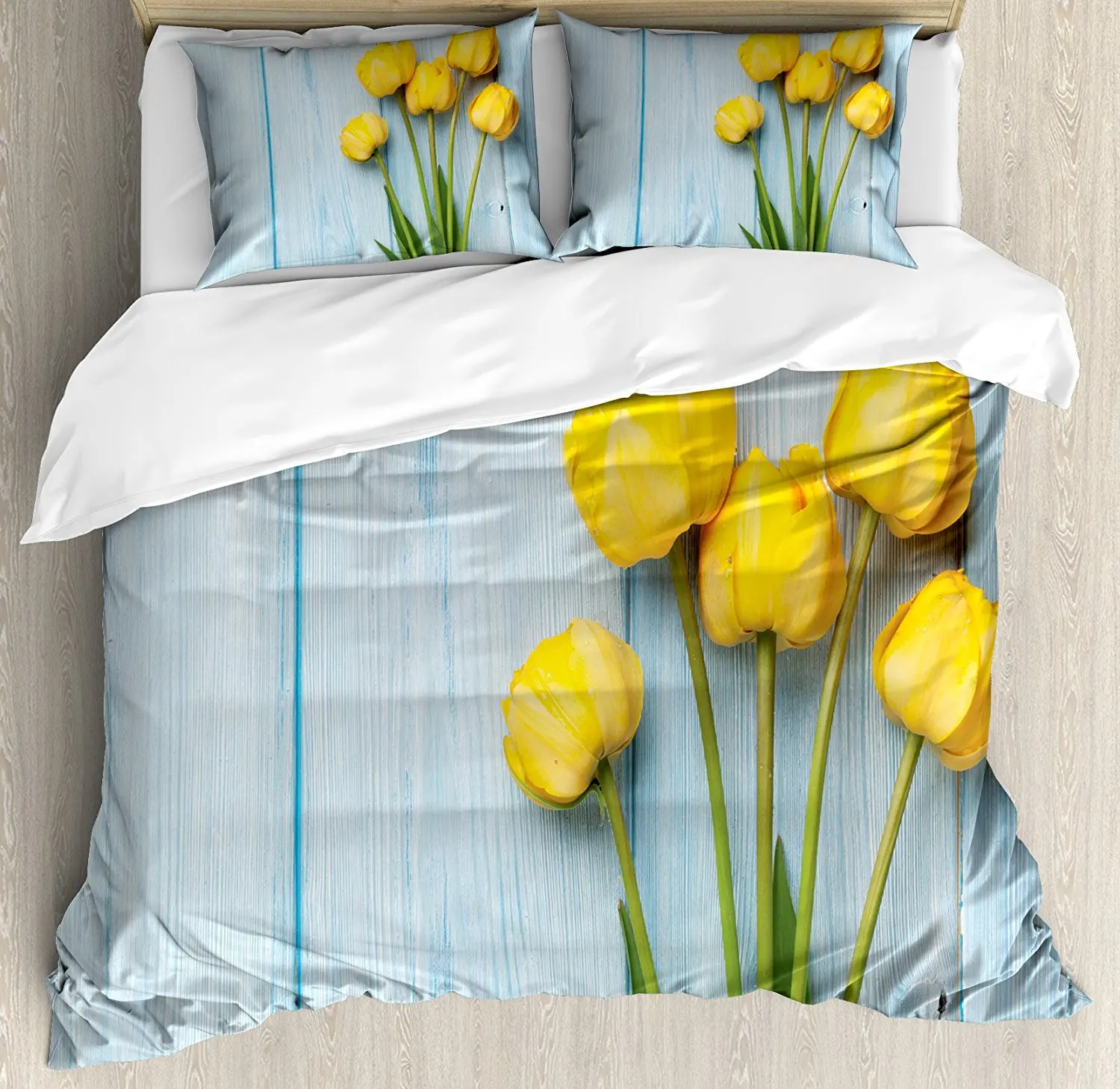 

Tulip Duvet Cover Set Yellow Flowers on Old Wooden Rustic Background Valentines Romantic Theme Bedding Set Blue Yellow Green