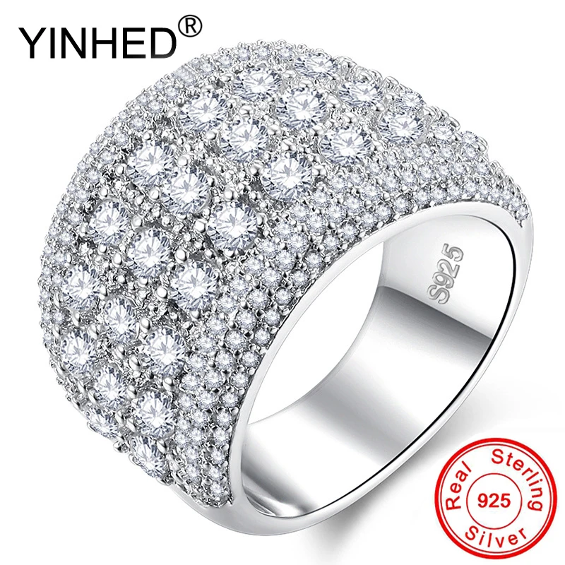 

YINHED Luxury Big Fashion Party Jewelry Solid 925 Sterling Silver Clear CZ Wedding Engagement Rings for Women and Men ZR532
