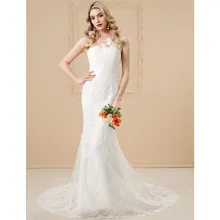 

LAN TING BRIDE Mermaid Trumpet Illusion Neckline Wedding Dress Chapel Train Lace Satin Bridal Gown with Appliques Lace