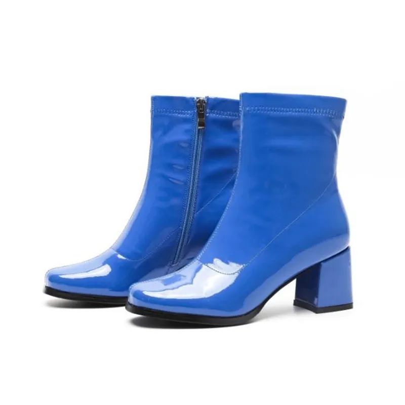 

Autumn winter new patent leather square head side zipper high thick with ladies fashion Black, blue, purple women's boots boty
