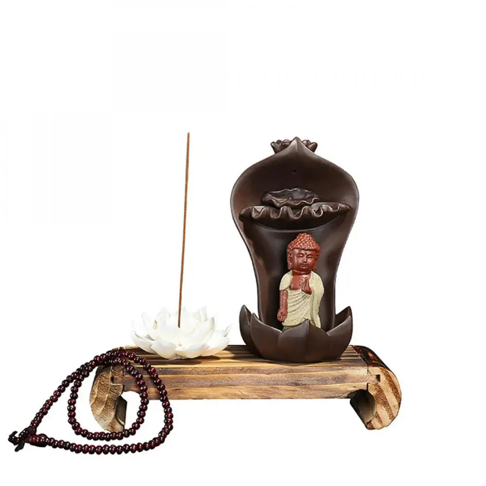 

Backflow Creative Incense Burner Buddha With Wooden Base Plug Lotus Cone Sticks Holder Home Decor Porcelain Buddhist Furnishing