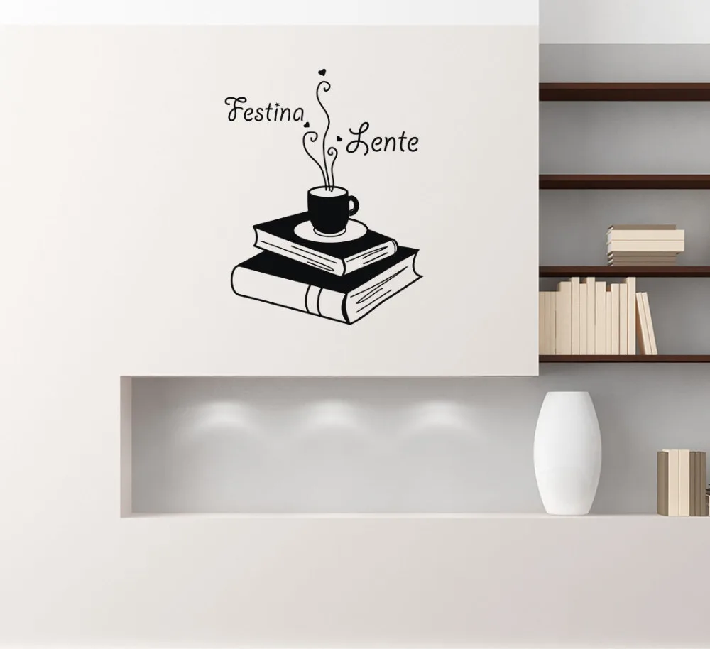 Festina Lente Цитата Наклейка на стену книги Кофе Съемные Виниловые Наклейки стены