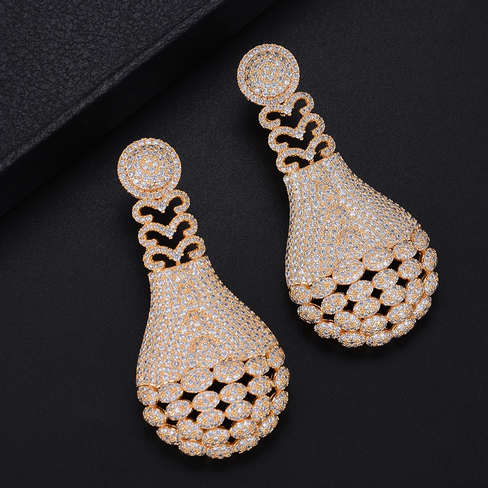 

66mm Luxury Geometry Pendant Three Colors Full Cubic Zirconia Dangle Earings Women Wedding Bridal Jewelry