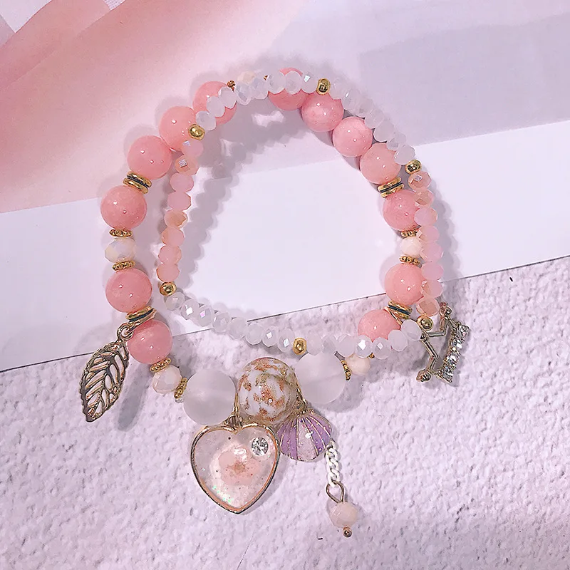

America and Europe pop sweet oceanic holiday bracelet fashion elastic pink crystal beads small and pure and fresh wind hand act