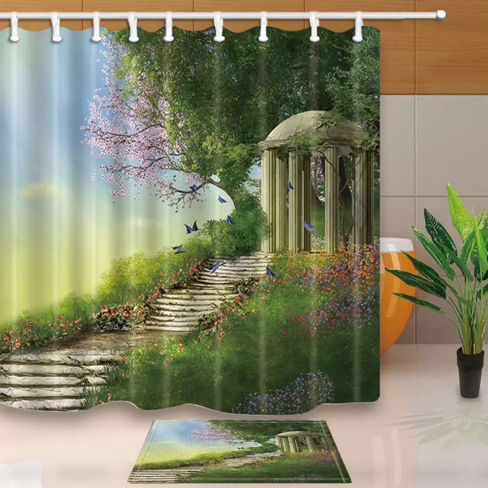 

Magic Forest Decor, Gazebo with a Stone Stair and Flowers 69X70in Mildew Resistant Polyester Fabric Shower Curtain Suit