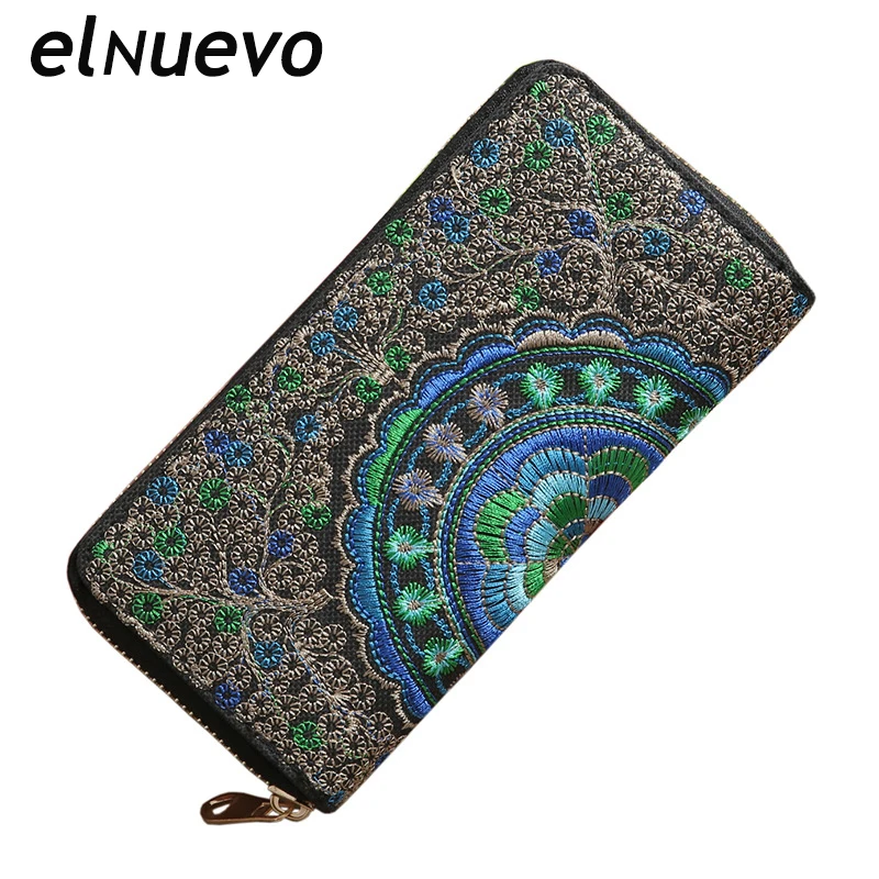

Women Long Zipper Embroidered Wallet Nationality Ladies Long Purse Handle Clutch Wallets for Phone Cards Coin Purses