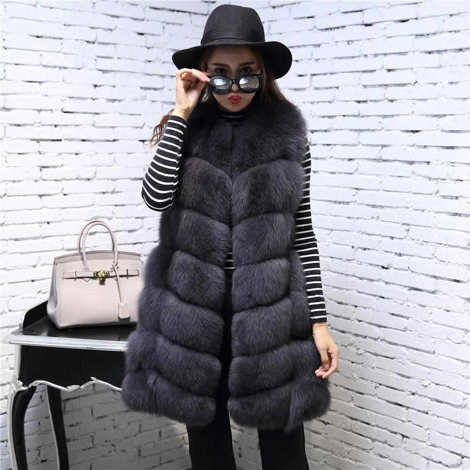 

MLHXFUR Long Grid Fox Fur Vest Genuine Real fur Gilet Outwear coat sleeveless plus size customized leather patchwork