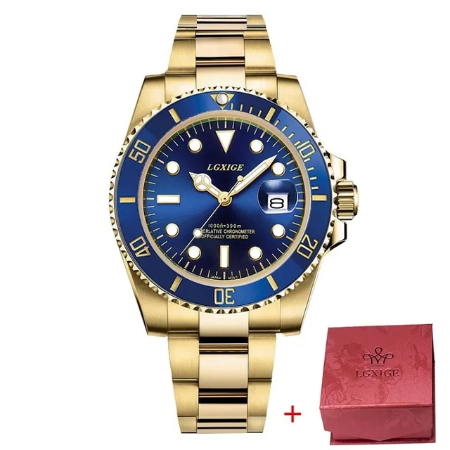 LGXIGE Брендовые мужские часы Бизнес Кварцевые 30 м водонепроницаемые часы мужские спортивные наручные часы из нержавеющей стали Reloj Hombre LW01 - Цвет: Gold blue and box