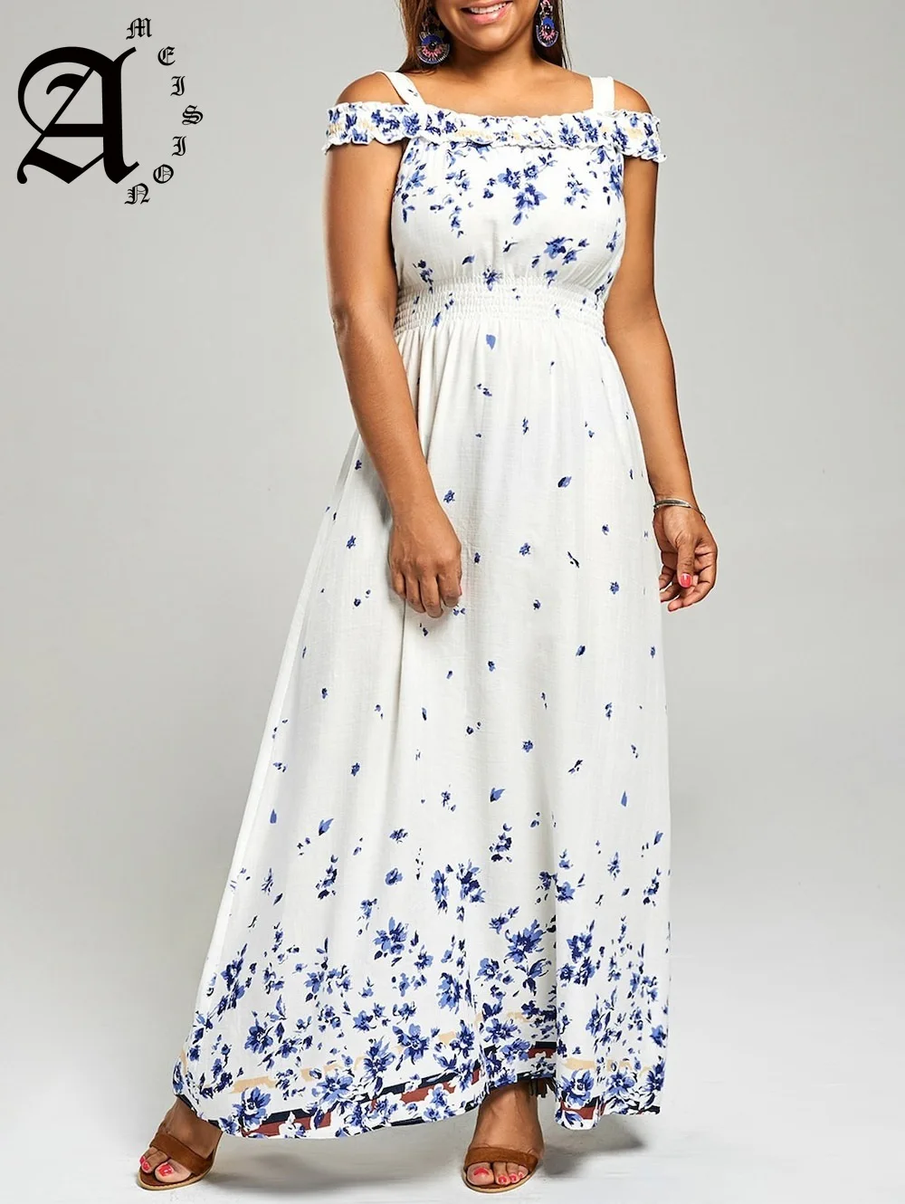 

Ameision Women Empire Waist Maxi Dresses Plus Size Floral Print Cold Shoulder Long Dresses Bohemian Female Short Sleeve Vestidos