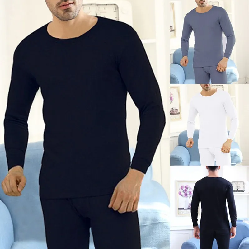 Winter Men's Long Johns T Shirt Suit Solid Thermal With Fleece Warm