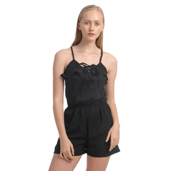 

Lace up V Neck Sexy Summer Jumpsuit Sling Sleeveless Black Casual Shorts Pants Combinaison Femme
