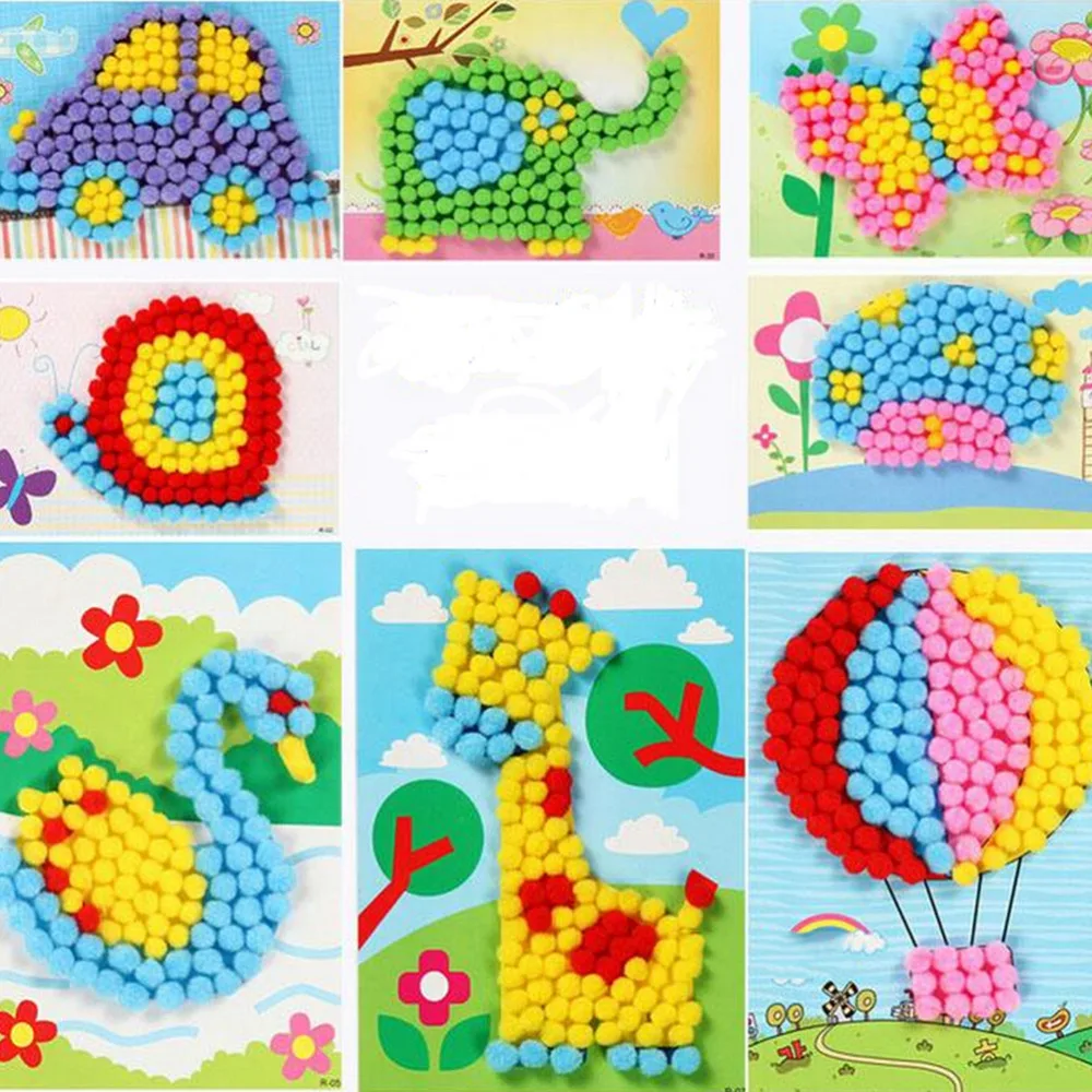 JIMMY BEAR 1 Set Pompon Paintings Colorful Plush Ball Stickers Kid Educational DIY Handmade font b