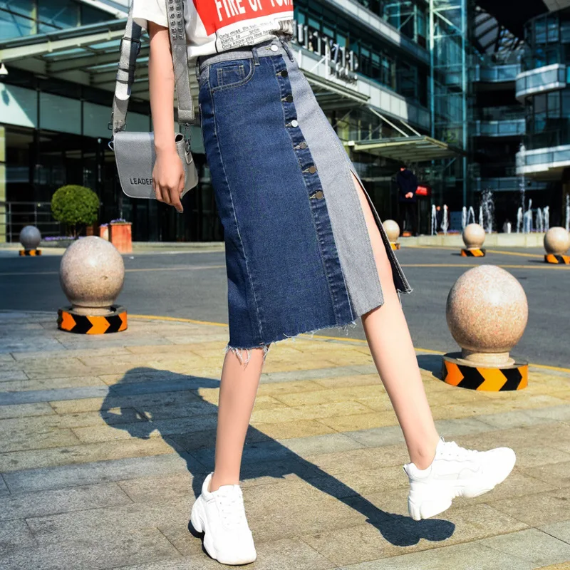 Lguc.H Fashion Denim Skirt High Waist Split Jeans Skirt Unique Patchwork Midi Skirt Summer Autumn Skirts Women Clothes XXL