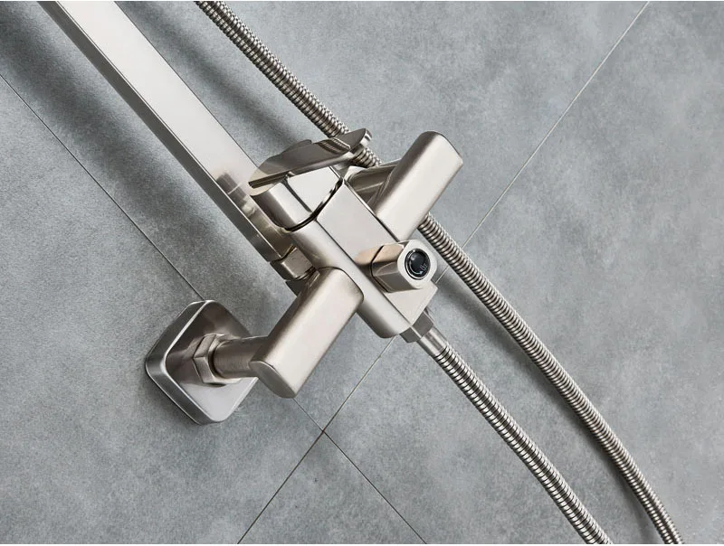 Brushed Nickel Shower Faucet Single Handle 8" Square Rainfall Shower Mixers with Handshower Height Adjustable Shower Pipe Faucet