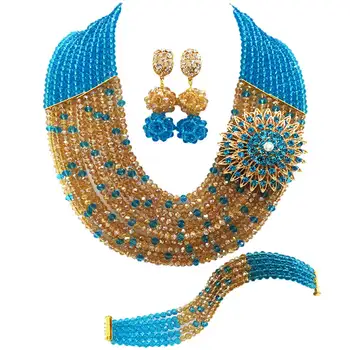 

Lake Blue Gold Crystal African Wedding Beads Nigerian Beaded Necklace Jewelry Set Bridal Party Jewelry Sets for Women 10C-SZ31