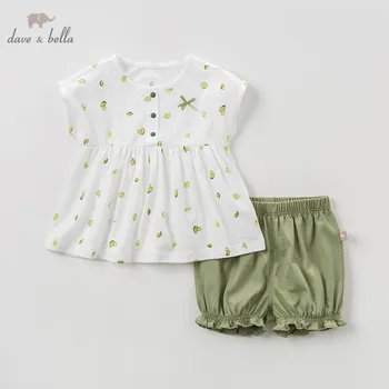 

DB10472 Dave bella summer baby girl clothing sets cute bow fruit print children suits infant high quality clothes girls outfit