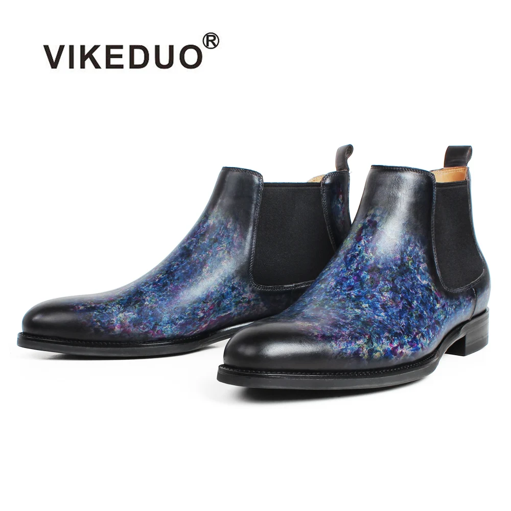

VIKEDUO 2019 New Ankle Chelsea Boots Men Spot Dyeing Handmade Genuine Cow Leather Whole Cut Autumn Office Round Toe Patina Botas