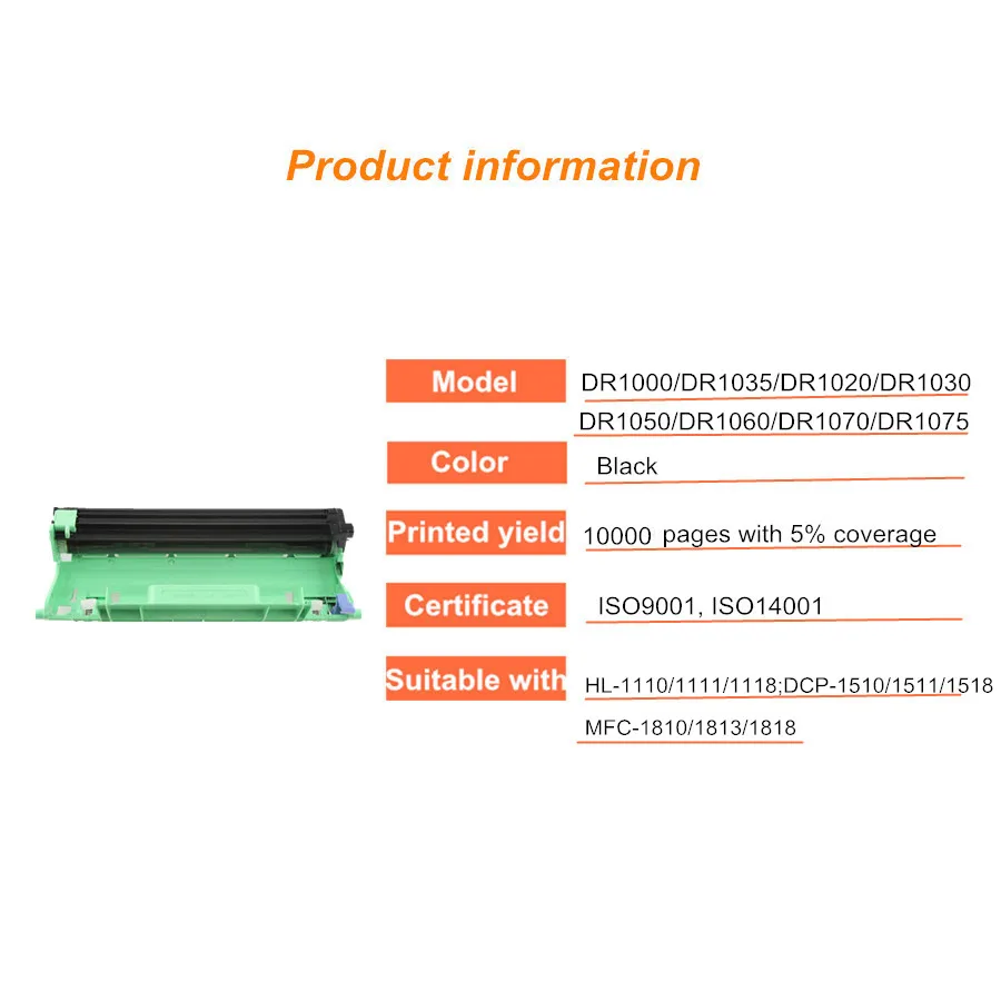 Совместимость с Фотобарабаном brother DR1000/DR1035/DR1020/DR1030/DR1050/DR1060/DR1070/DR1075 HL-1110/1111/1118; DCP-1510/1511/1518