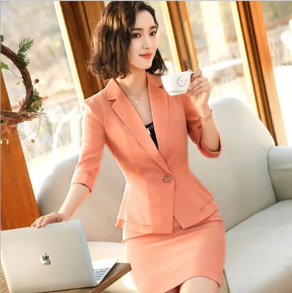 

Office Uniform Designs Women Interview Mini Suit With Skirt Black White Purple Red Orange 1/2 Sleeve Blazer 2 Piece Work Clothes