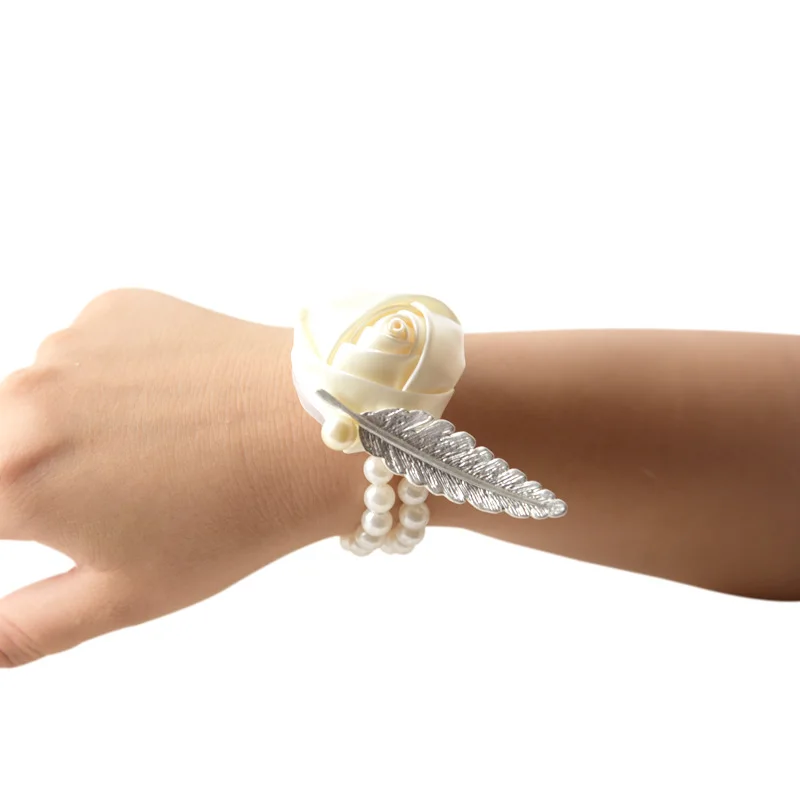 

Pearl Beaded Wrist Corsage Wedding Ivory Artificial Flowers Bracel Bridesmaid Marriage Ribbon Corsages Wristband Handmade