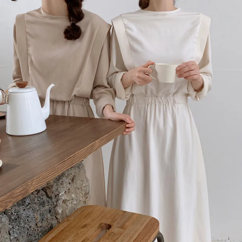 

Women Spring Long Dress A-line Long Sleeve Vestidos with Back Button White Plus Size Robe Femme Sukienki Vintage Jurken