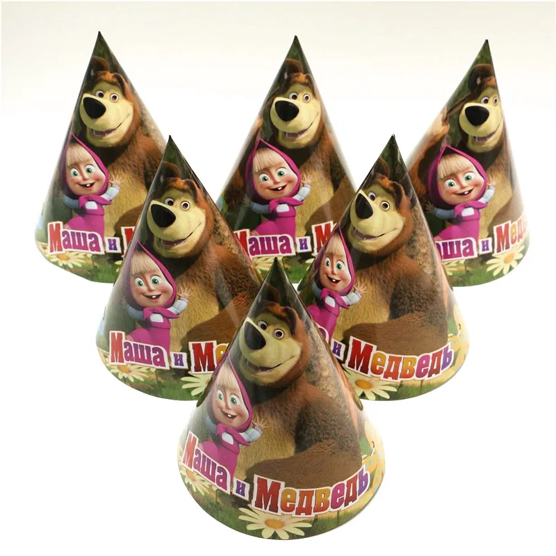 Masha And Bear Theme Tableware Set Birthday Party Decoration Kids plate Cups hats Napkins Tablecloth Flag Straw Party Supplies