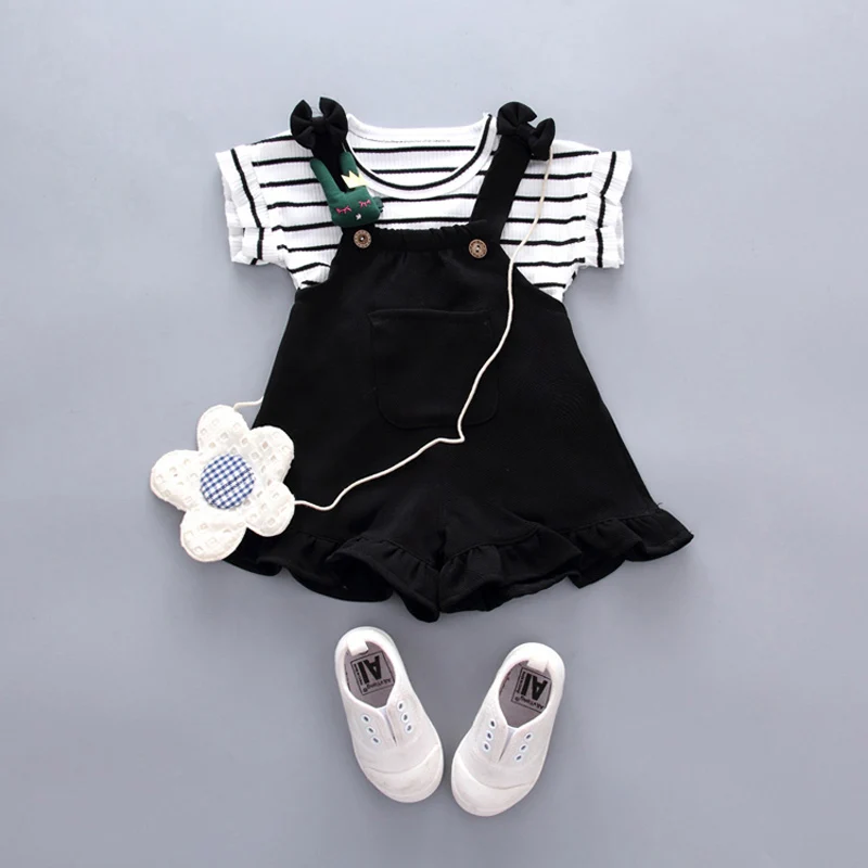 Детская летняя одежда для маленьких девочек полосатый топ, шорты на бретельках, комплект для новорожденных, одежда для маленьких девочек одежда для первого дня рождения крутые комплекты - Цвет: black baby set