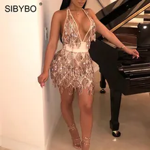 Sibybo прозрачное сексуальное женское платье с блестками и сеткой с глубоким v-образным вырезом на спине летнее Бандажное платье мини Вечерние платья для ночного клуба