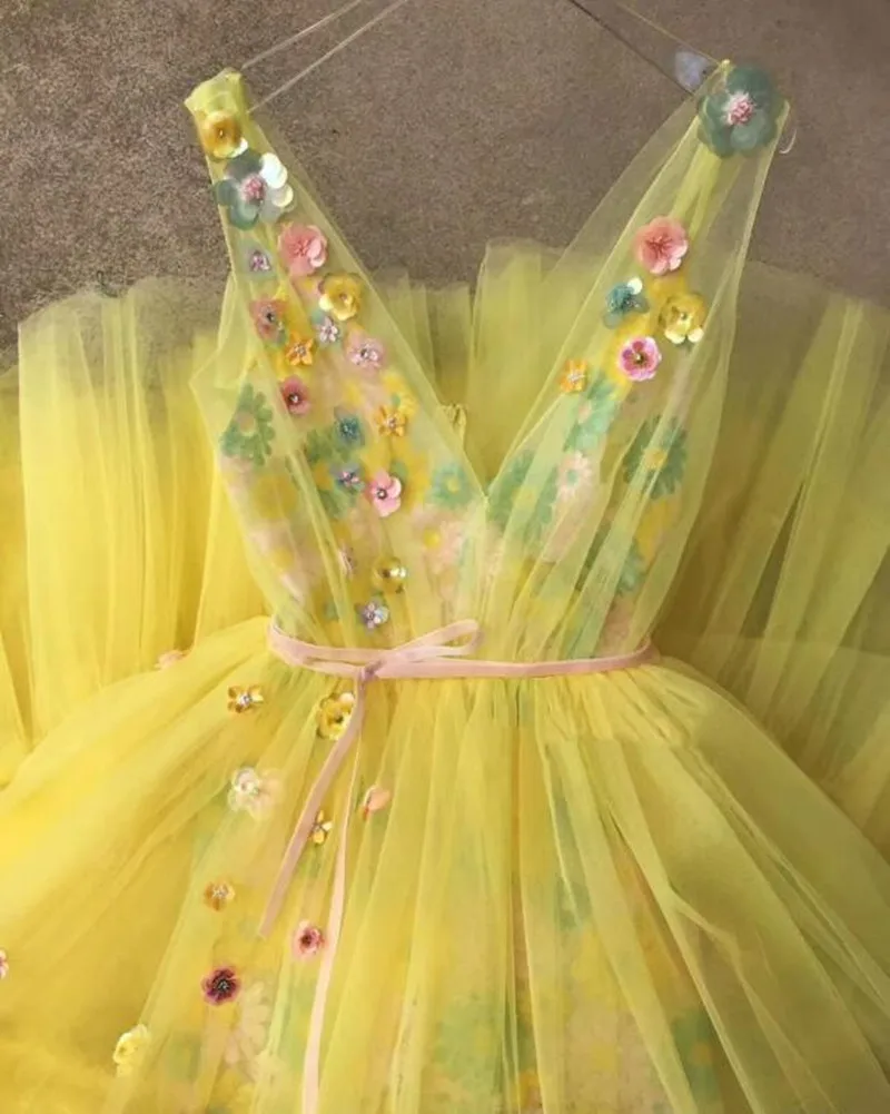 Vestido de festa, симпатичный желтый, с прозрачной аппликацией, кружевное вечернее платье,, элегантное, 3D цветы, Многоуровневое, Тюлевое, с оборками, для выпускного вечера, торжественные платья