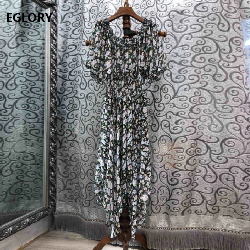 

High Quality Summer Dress 2019 Runway Style Women Charming Floral Print Sexy Off Shoulder Casual Asymmetrical Boho Dress Club