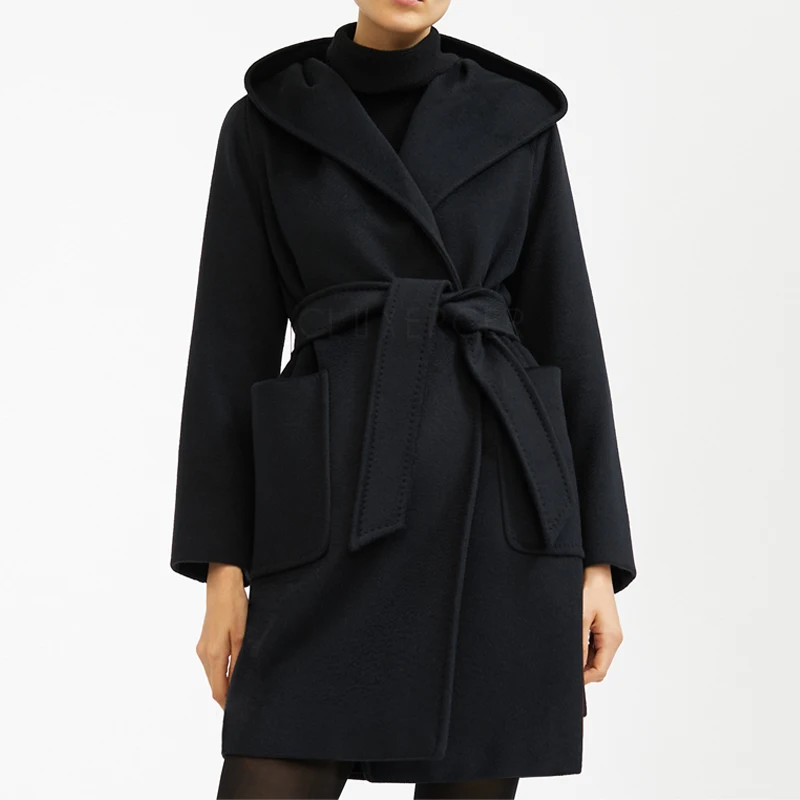 Женское зимнее элегантное шерстяное пальто с капюшоном, длинное шерстяное пальто, женская повседневная однотонная Свободная верхняя одежда с поясом