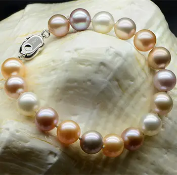 

9-10mm south sea round white pink purple pearl bracelet 7.5-8inch