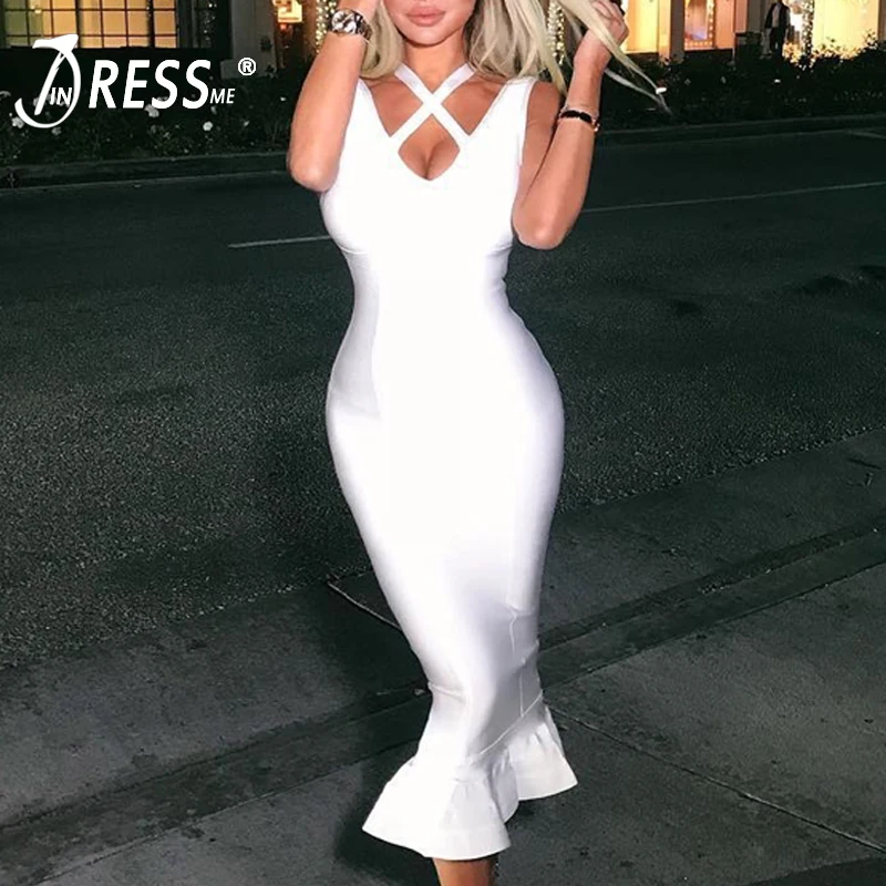 

INDRESSME 2019 Fashion Strap Cut Out Halter Fishtail Bandage Women Dress Evening V Neck Dress Summer Wholesale