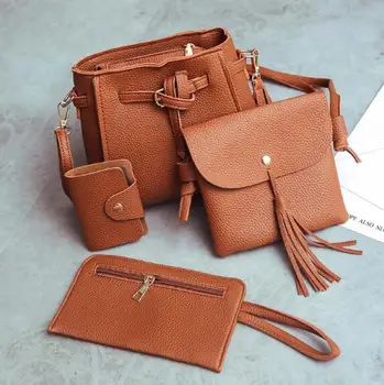 

nice on sale set of 4 women plain pu leather shoulder bag small fashion bow tassel cross body bucket bag