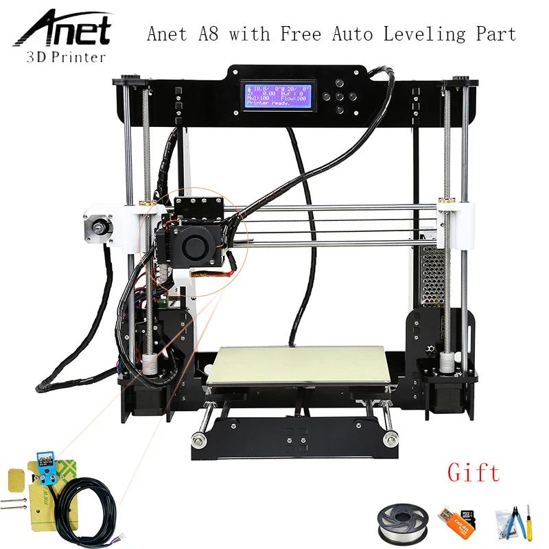 

Anet A8 Auto level Normal 3D Printer 0.4mm Nozzle Reprap i3 Aluminium Alloy Hotbed Pritner DIY Kit with PLA Filament 8G SD Card