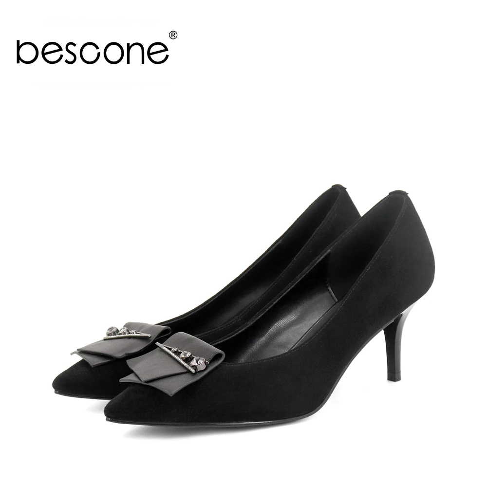 

BESCONE New Sheep Suede Pumps 7cm High Heel Natural Leather Pointed Toe Pumps Fashion Elegant Wedding Crystal Shoes Handmade A41