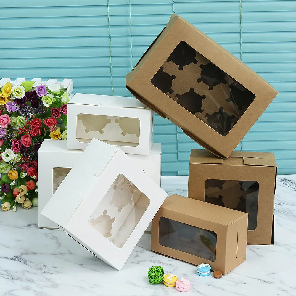 1PC New Hot Kraft Paper Cookie Cake Packaging Box with Plastic PVC Window Candy Wrapping Bag