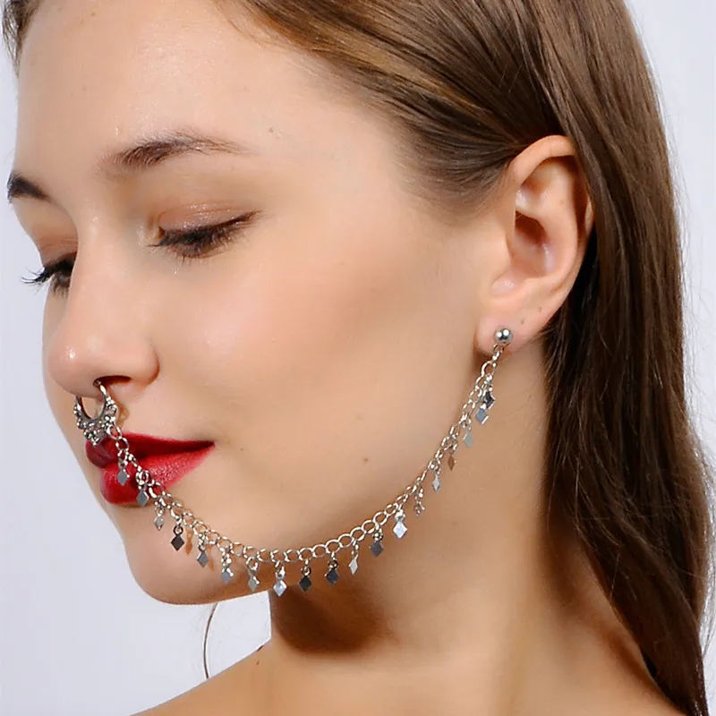 New Design Summer Style Tassel Fake And Studs Earring Chain Silver Hoop Fake Septum Piercing For