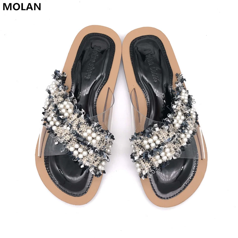 

MOLAN Brand Designer 2019 Summer String Bead Cross Transparent Tie Flat Slides Woman Shoe Slip On Loafers Mules Flip Flops Beach
