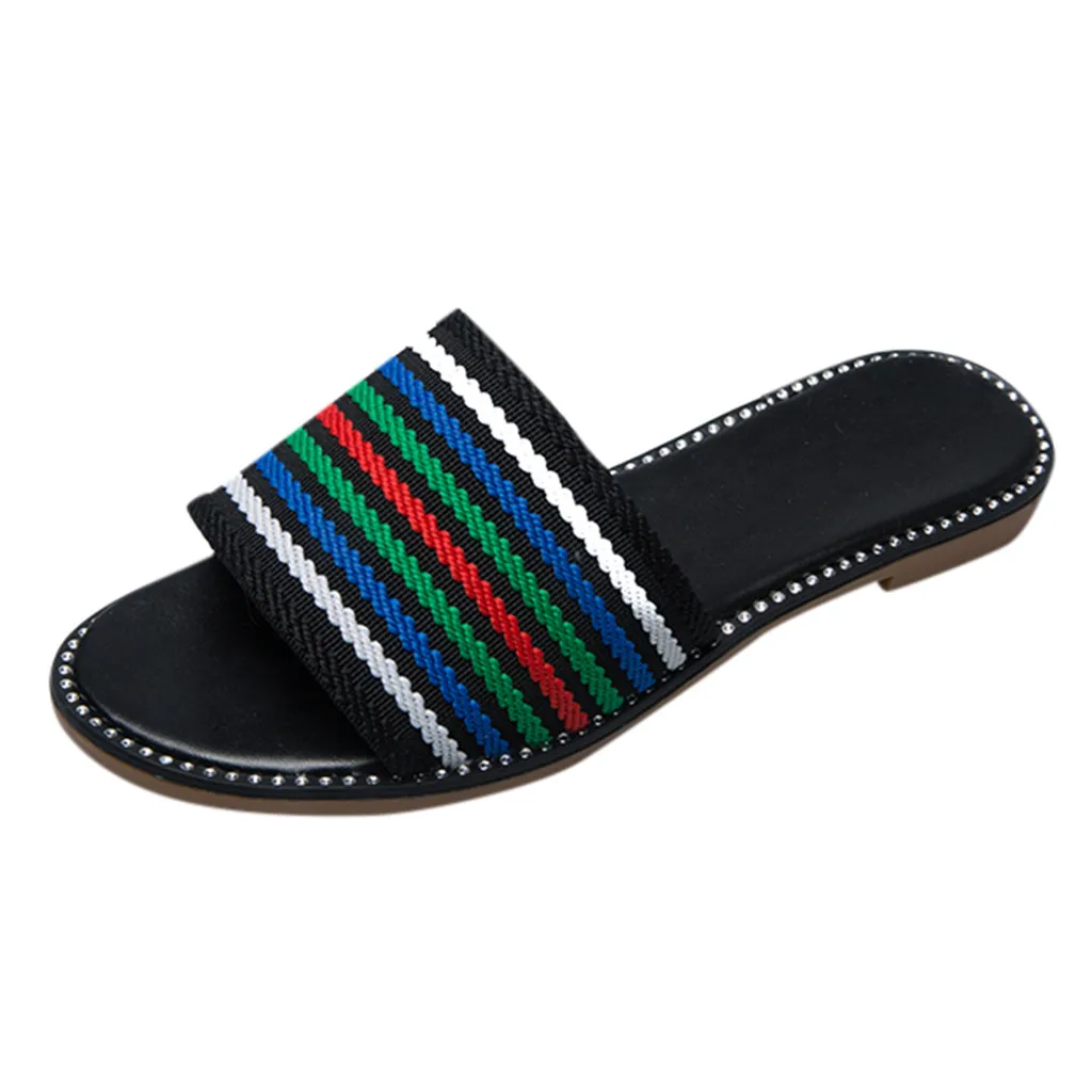 

SAGACE Fashion Ladies Slipper Flat with Shoes Women's Colorblock Striped Cloth Open Toe Slippers Non-Slip Roman Beach Shoes 2019