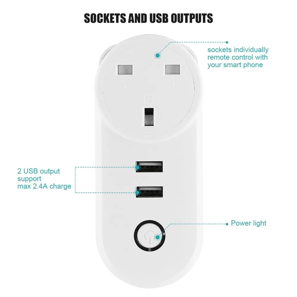 Умная розетка Великобритании с 2 USB зарядным устройством, Wi-Fi, управление таймером, функция голосового управления Alexa Echo и Google Home IFTTT