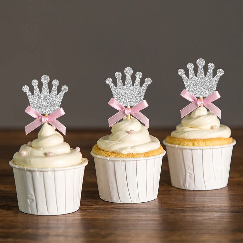 Custom Bow Color Gold Silver Black Glitter Crown Cupcake Toppers